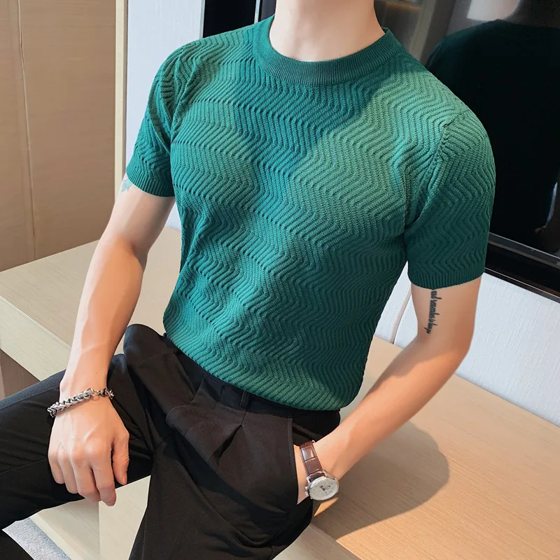 

Men knitted Stripes T-shirt Casual Soft Fitness tees Summer slim T-shirts Mens Home Clothes O-Neck Short Sleeve T Shirt Male top