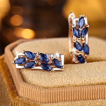 Marquise Cut Royal Blue Stone Horse Eye Leaf Hoop Earrings For Women Champagne Gold Color Vintage Zircon Ear Buckle Jewelry Gift