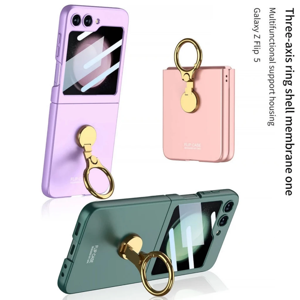 

Ультратонкий Твердый чехол с кольцом-держателем и передним стеклом для Samsung Galaxy Z Flip 5