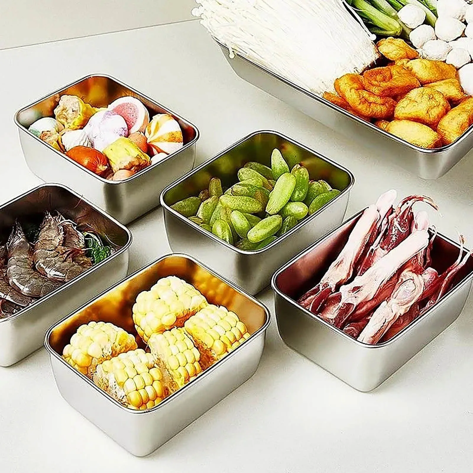 Stainless Steel Food Storage Serving Trays Rectangle Sausage Noodles Fruit Dish with Cover Home Kitchen Organizers 5