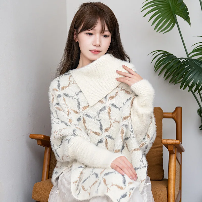 Fashionable and Trendy Warm Knitted Shawl with Outer Collar Mid-length Color Matching Simple Shawl for Women Loose Cloak