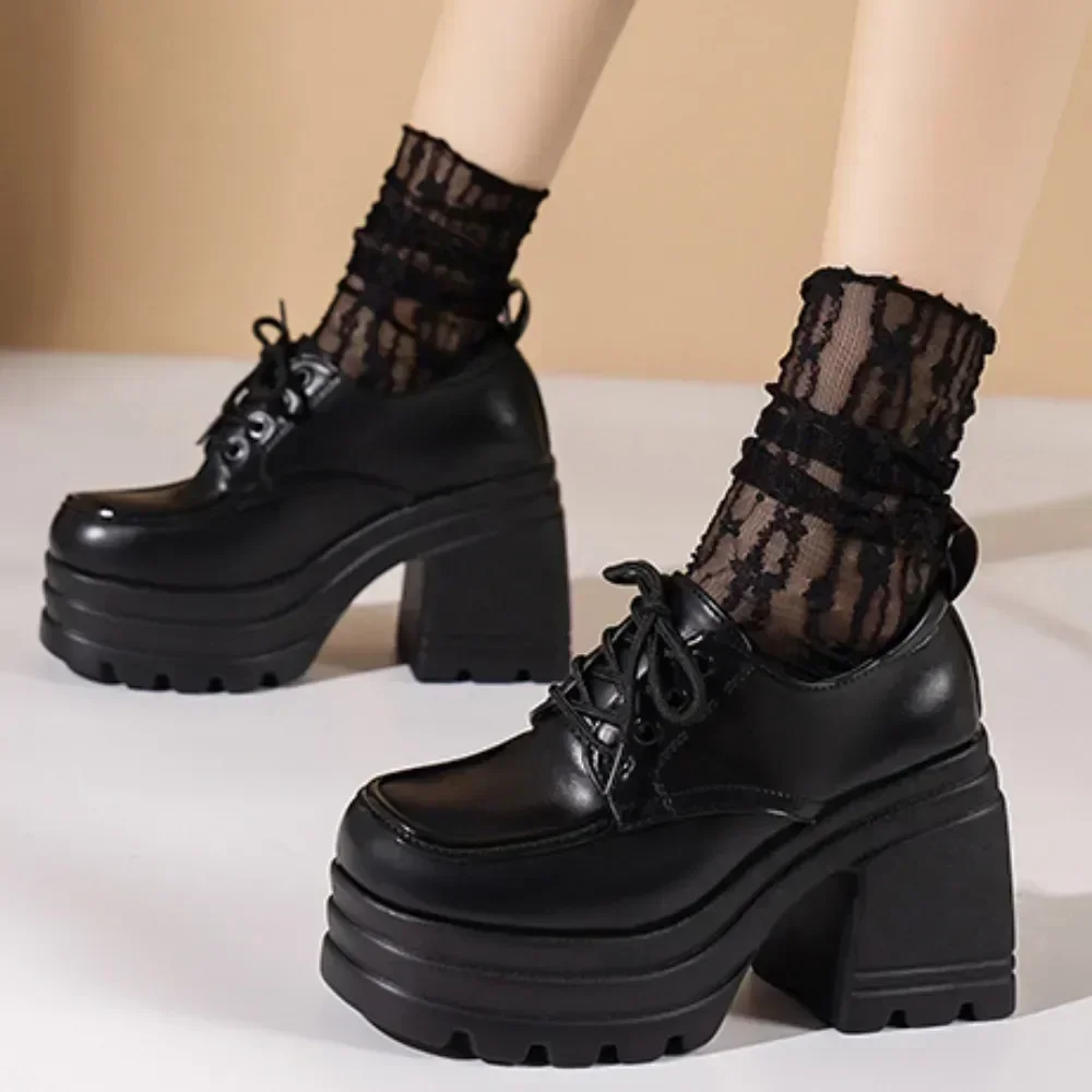 Lolita Shoes for Women 2024 New Autumn Lace Up Loafers Girls Students JK Uniform High Heels Platform Shoes Cosplay Female Shoes