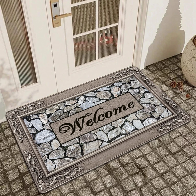 1pc Wood Grain & Stone Letter Patterned Door Mat Velvet Rectangle Rug For Entrance Living Room Kitchen Bathroom Bedside Carpet