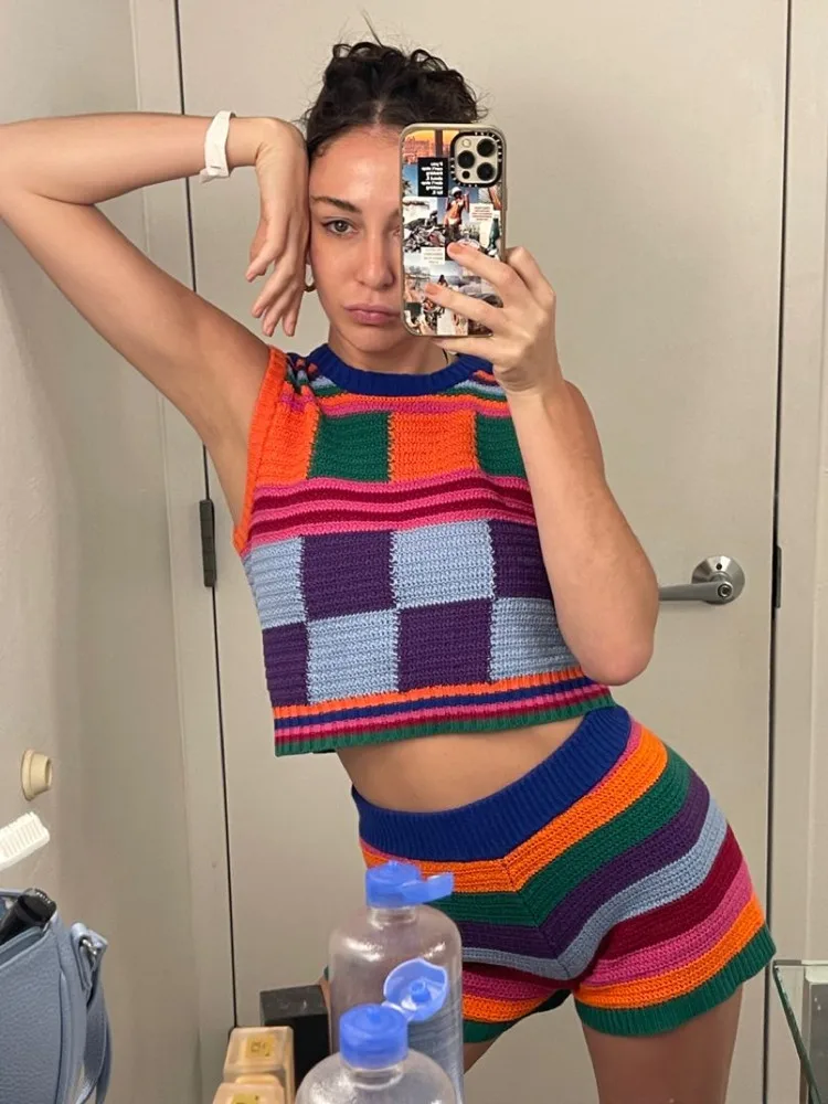 

hirigin Women Knitted Shorts Set Casual Y2k Plaid Vest with Elastic Waist Stripes Shorts Summer Outfit for Party Club Streetwear