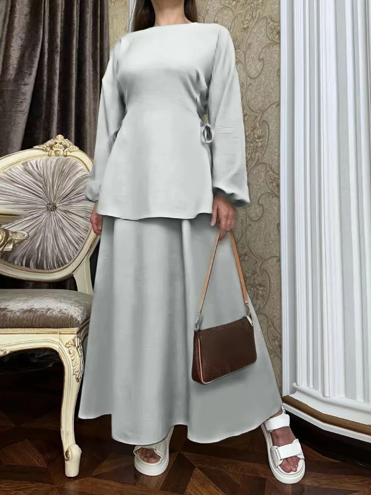 

Muslim Temperament Elegant Women Suit Long-sleeved Tie Waist Loose Half-body Skirt Two-piece Commuting Shopping Preferred Trend