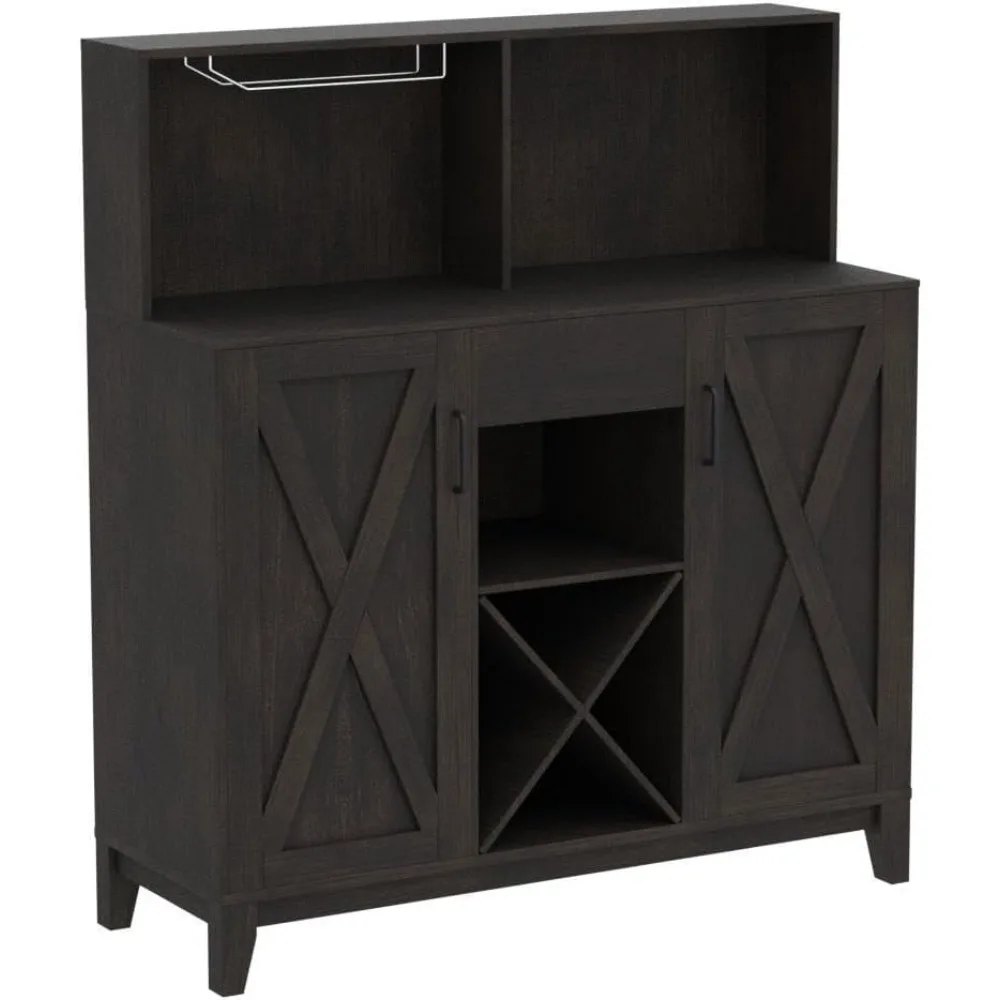 Modern Farmhouse Coffee Bar Cabinet Barn Doors Wine Liquor Bar Cabinet Storage Hutch Kitchen Sideboard Buffet Dark Brown
