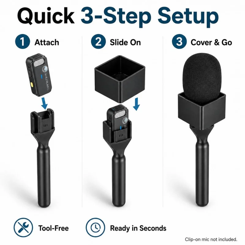 Kit Impugnatura Portatile per Microfono Mini Clip, Adattatore Leggero con Copertura in Schiuma, Bandiera per Microfono Vuota per Vlog - immagine 3