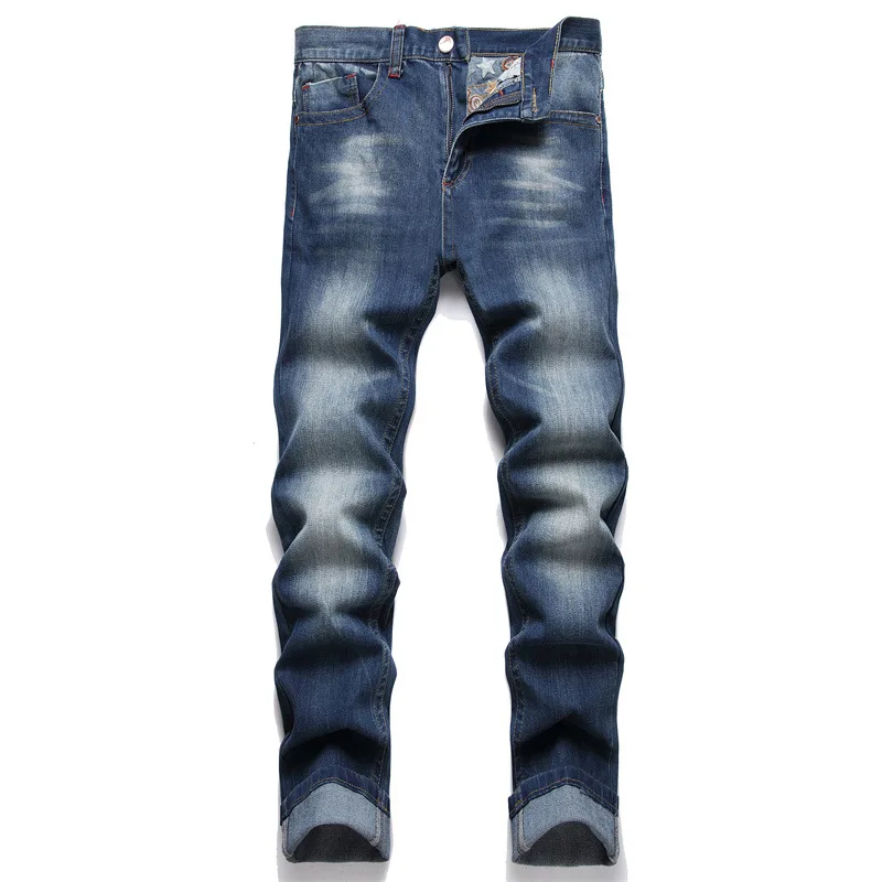 2024 Spring Straight Leg Men's Blue Jeans Mid-Waist Stretch Casual Pants Street Trend Hip Hop Clothing 2