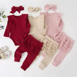 3Pcs Baby Girl Clothes Set Newborn Kids Clothes Ruffle Romper Tops+Pants Toddler Baby Girl Outfits Long Sleeve Fall Winter Suit