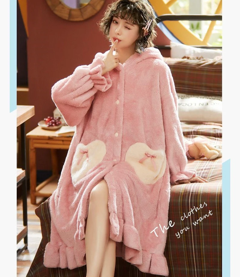Winter Warm Pajamas Set Women Kawaii Hooded Nightgown Suit Bath Robes Coral Fleece Sleepwear Cartoon Animal Cosplay Nightdress