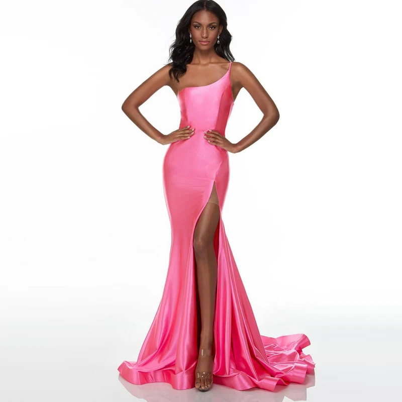 

Blue Robes De Cocktai Sexy Rose Red Mermaid Satin Evening Dress2023 One-shoulder Prom Gowns Side Split Zipper Up Strapless
