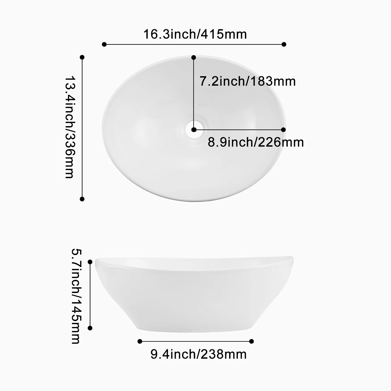 1pc 16" x 13" Countertop Oval Art Basin, Above Counter Ceramic Hand Wash Basin, Bathroom Sanitary Ware Vessel Sink Bowl, White 4