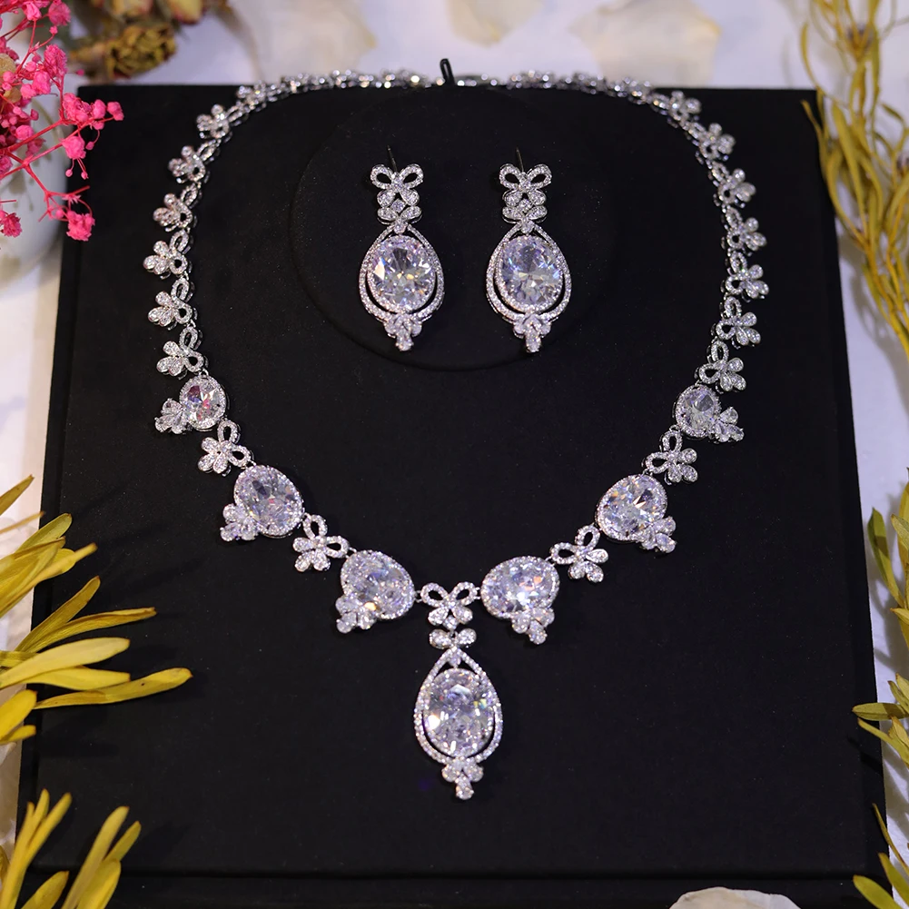 

Luxury 2pcs Necklace And Earrings Sets For Women Wedding Big Water Droplet Zircon Crystal CZ Dubai Bridal Party Bijoux Femmel