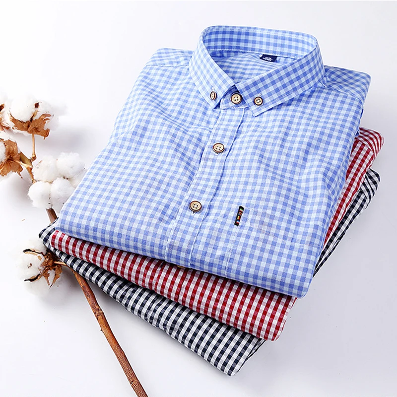 2023 Men Long Sleeve Red Blue Plaid Full Cotton Casual Shirt Size Range 38 - 44 Daily Cotton Cloth Four Seasons Business Office