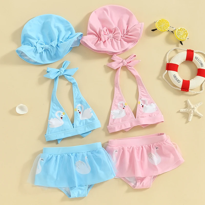 

SUNSIOM 3Pcs Toddler Girls Swimsuits Swan Print Lace up Bikini Tops Shorts Bow Hat Summer Baby Bathing Suits Beachwear