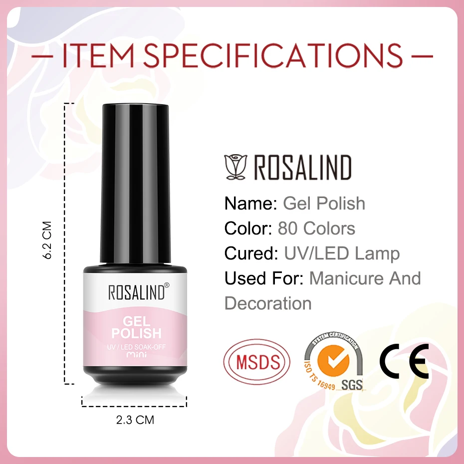 ROSALIND Spring&Summer Pure Color Nail Gel Polish Hybrid Varnish Semi Permanent Nail Art Soak Off UV Nail Gel Top Base Coat