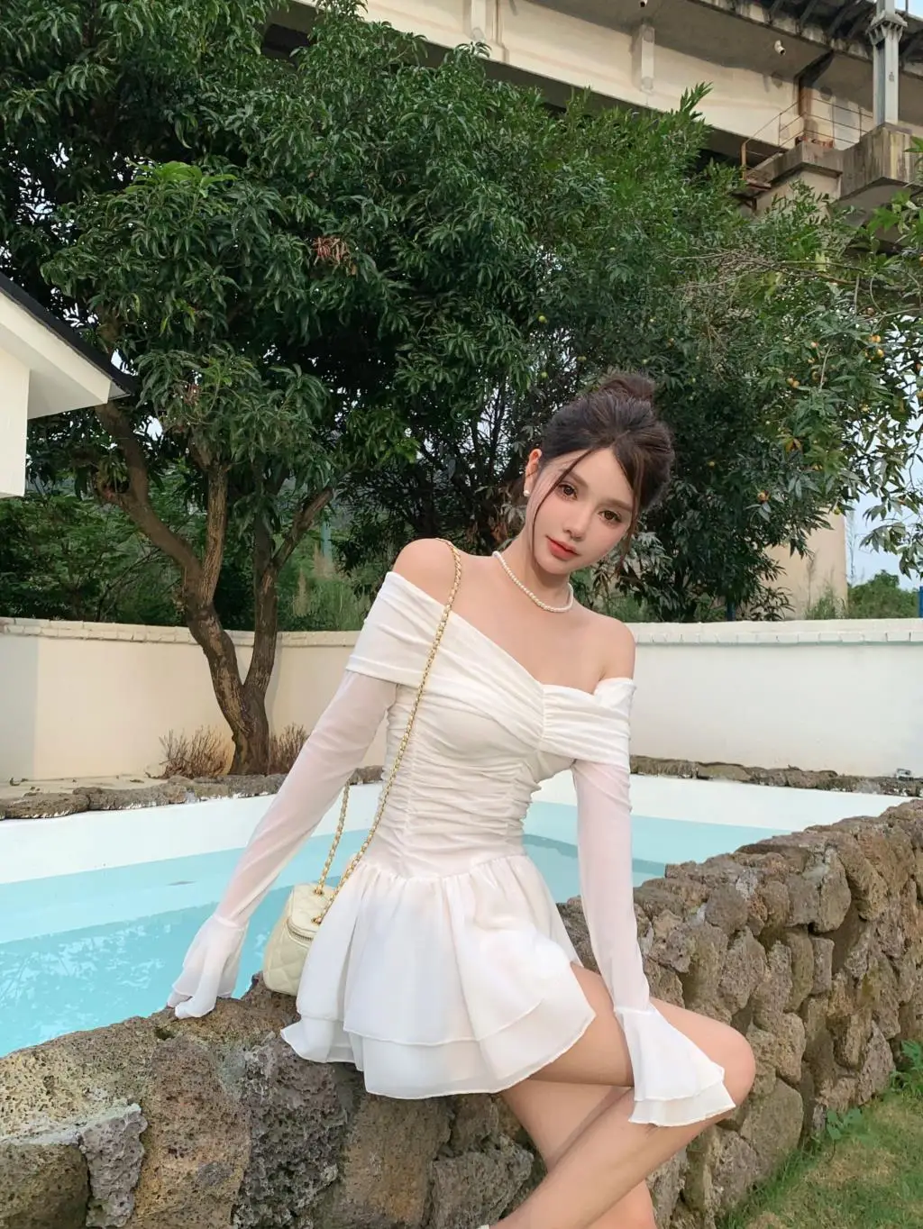 Elegant Mini White Dresses for Women Slash Neck Flare Sleeves Slim Waist Ruffles A-line Korean Fashion Short Vestidos Mujer New