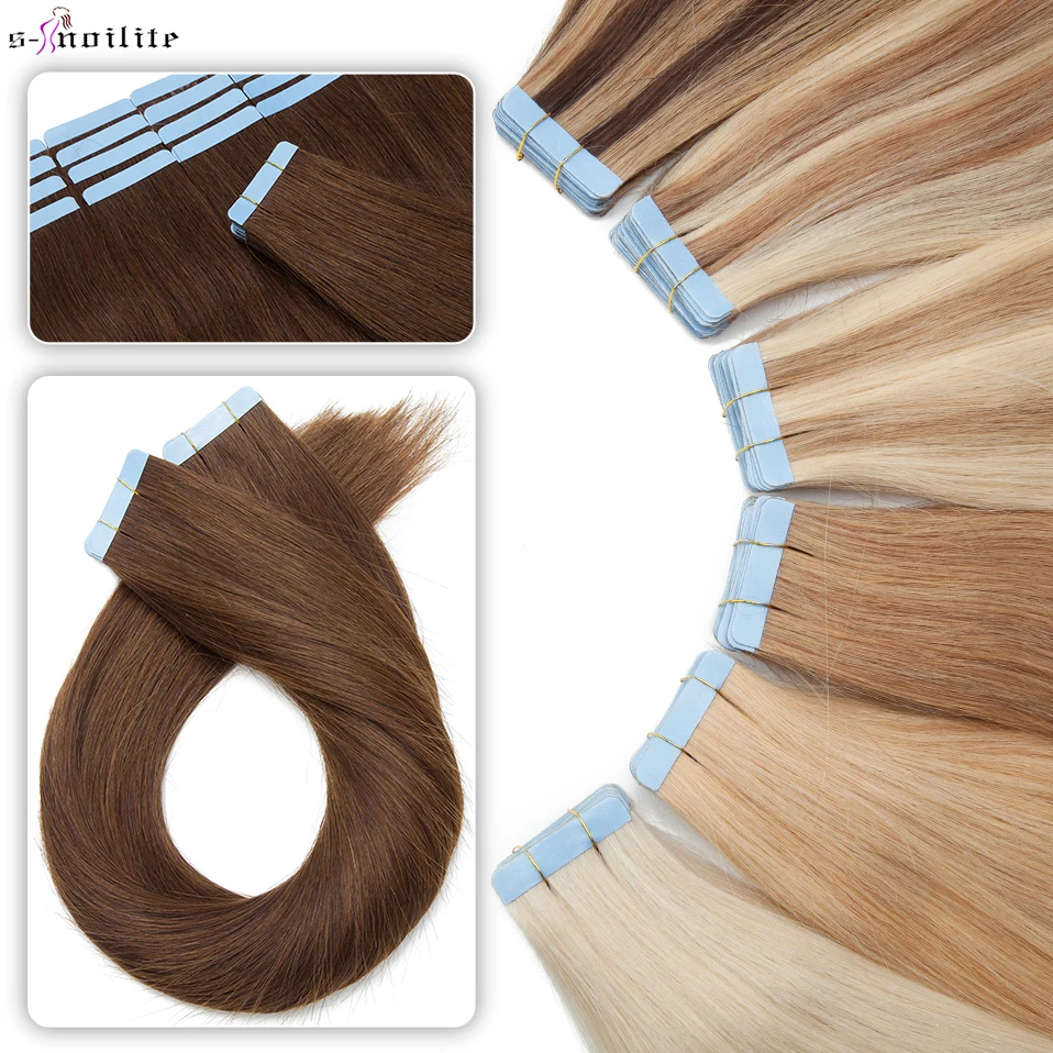 S noilite 20pcs Tape In Hair Extensions Human Hair 2 5g Mega Hair Straight Natural Hair