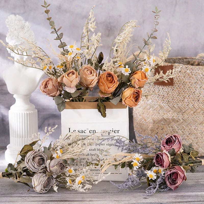 1PC Retro Artificial Flower Simulation Silk Rose Flower For Wedding Bride Bouquet Ornaments Home Living Room Table Decorations