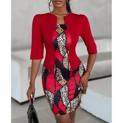 2024 Spring New Fake Two Piece Dress Women Fashion Street Trendy Half Open Collar Bag Hip Midi Office Ladies Elegant Dress Robe