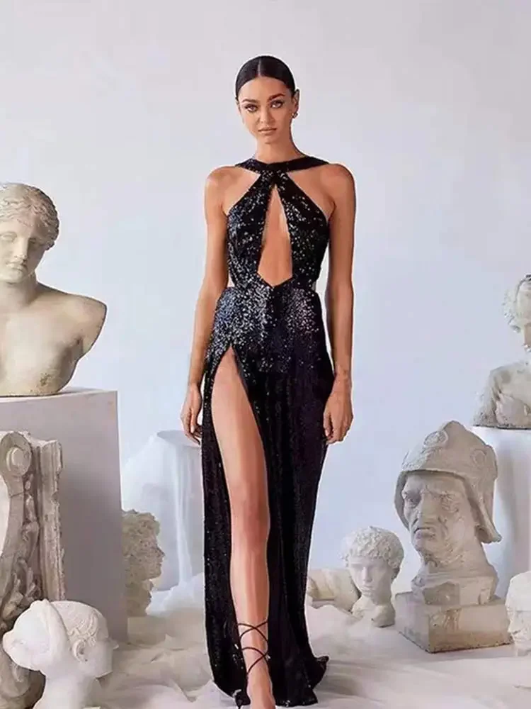 

Ximina Sexy Party Maxi Dresses for Women Off Shoulder Cut Out Halter Sequins Night Dress Ladies Split Long Ball Gown Traf 2024