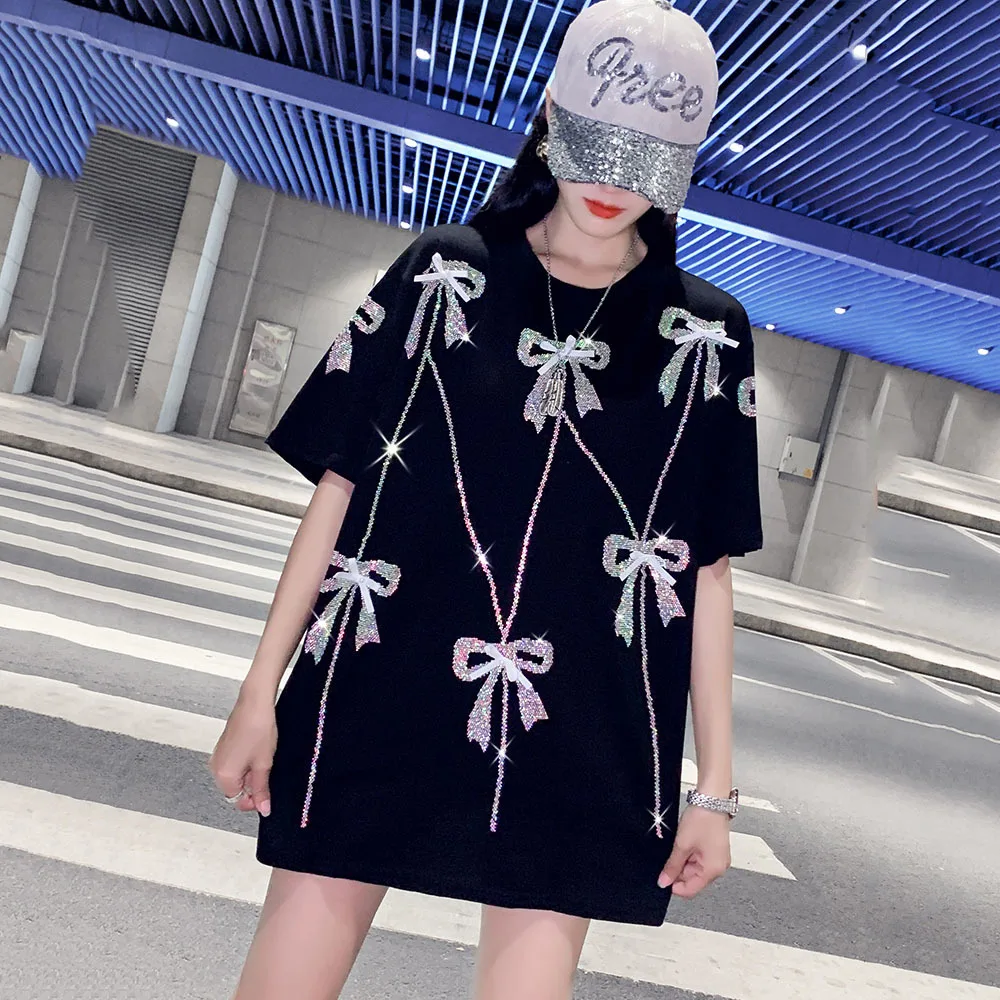 2022 Summer Fashion Streetwear Rhinestone Bow T-Shirt Women Casual Loose Tees Lady Tops S-4XL 40-150KG