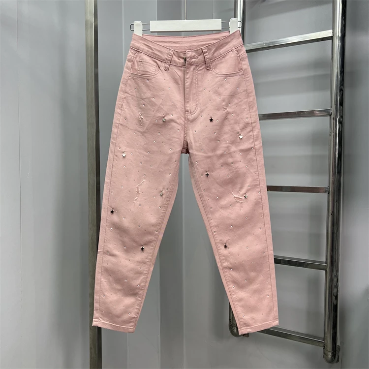 

2024 New Spring Summer All-match Casual Harem Pants High Waist Stretch Slim Denim Pants Hot Drilling Casual Ankle-length Jeans