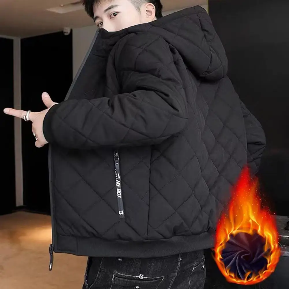 

Fall Winter Men Hooded Mid Length Men Down Coat Cotton Coat Thickened Padded Warm Cold Resistant Long Sleeves Zipper Pockets
