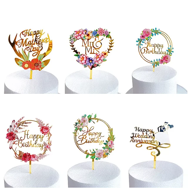 Decoração para bolo de aniversário infantil, decoração de bolos em acrílico  com flores de ouro - AliExpress