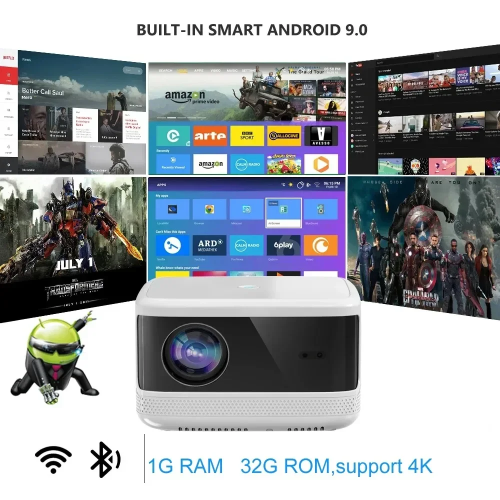 Vivicine K6A Android 9.0 Home Theater Projector Full HD 1080p LED Video Game Overhead Projector Beamer 1920x1080p Resolution