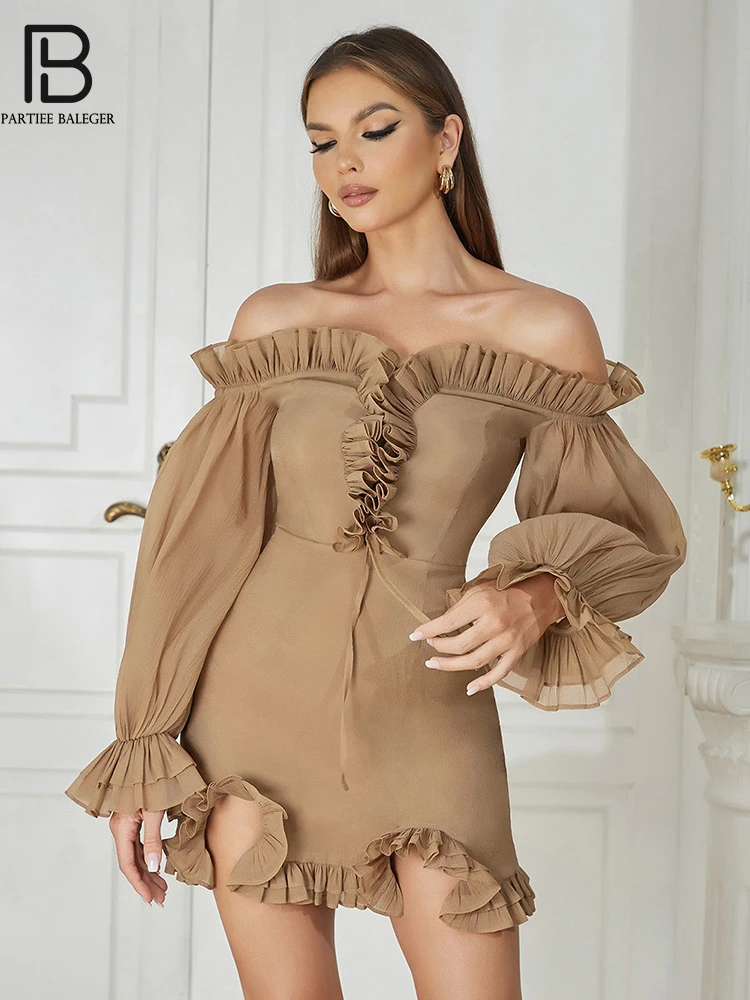 

PB Party Dress For Woman Ruffles Mini Sheath Slash Neck Birthday Female Clothing Wedding Evening Cocktail Sexy Vestido Wholesale