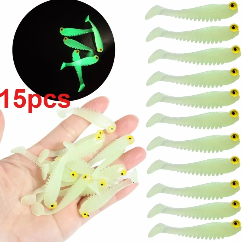 15 teile/los Leuchtende Angeln Weicher Köder Angeln Locken 5 cm 1,2g Künstliche Silikon Köder Wurm Meer Wobbler Swimbaits für Bass Tackle