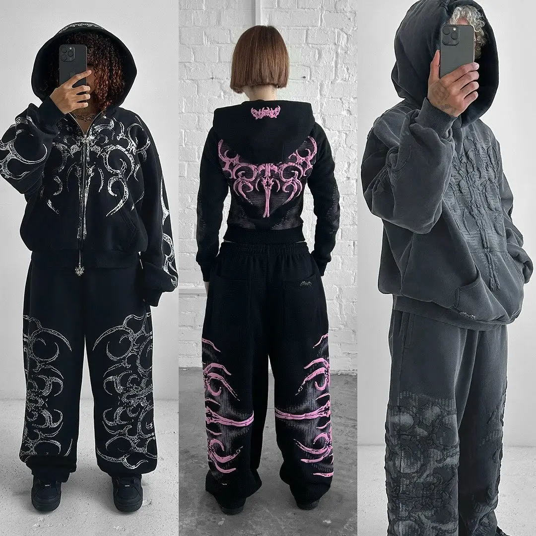 Y2k Gothic Style Mens Suit Black Print Zipper Hooded Sweatshirt Simple Cotton Hip Hop Large Size Loose Print Jogger Pants Unisex 6