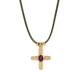 Elegant Gold - Plated Stone and Stainless Steel Cross Pendant - 45cm (Purple Cross)