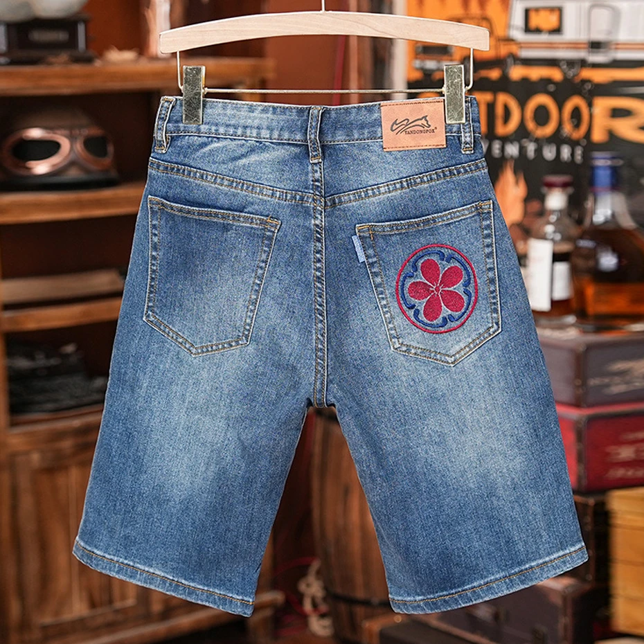 44 Plus Szie Denim Shorts Men Summer Fish Embroidery Jean Shorts Fashion Streetwear Carp Embroidery Short Pants Male Big Size 44