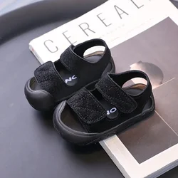 Kids' Summer Non-Slip Sandals: Solid Color Hook & Loop Beach Shoes - 24 (Black)