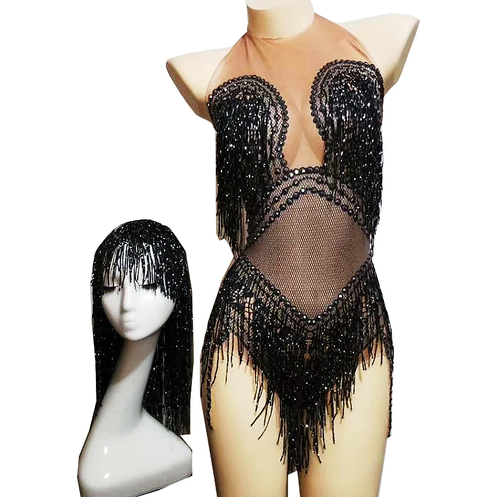 

Black Backless Shining Rhinestones Tassel Sexy Bodysuits With Headdress For Women Nightclub Latin Jazz Wear Stage Drag Costumes