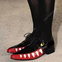 Black Graffiti White Leather Men Derby Pointed Toe Thick Heel Eye Totem Low Flat Shoes Spring Lace-Up Loafers Party Wedding Shoe 1