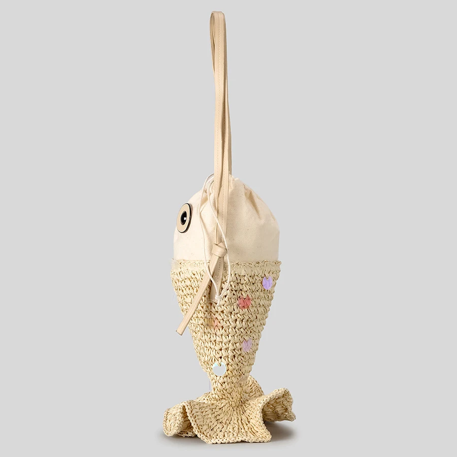 Crossbody Bag Creative Sequins Fish Shaped Straw Women Shoulder Bags Paper Woven Crossbody Bag Cute Summer Beach Bag Small Female Purses