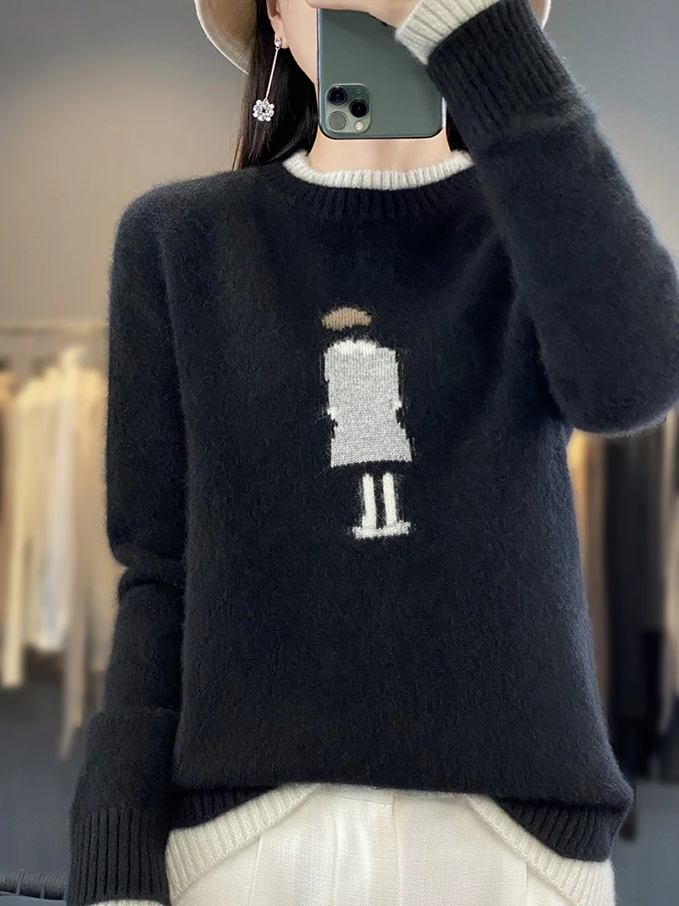 

2023 Fashion 100% Merino Wool Tops Women Clothing Knitted Sweater Round Neck Full Sleeve Pullovers AutumnWinter Loose Knitwear