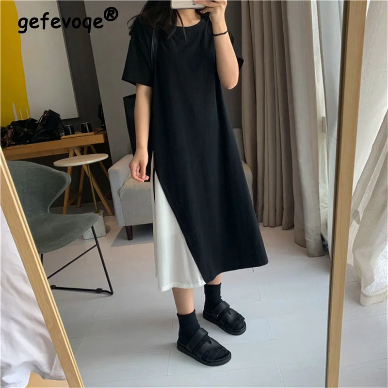 

Korean Summer Clothes for Women Contrast Color Stitching O-Neck Bandage Short Sleeve Fake Two Piece Mid-Calf Asymmetric Dress