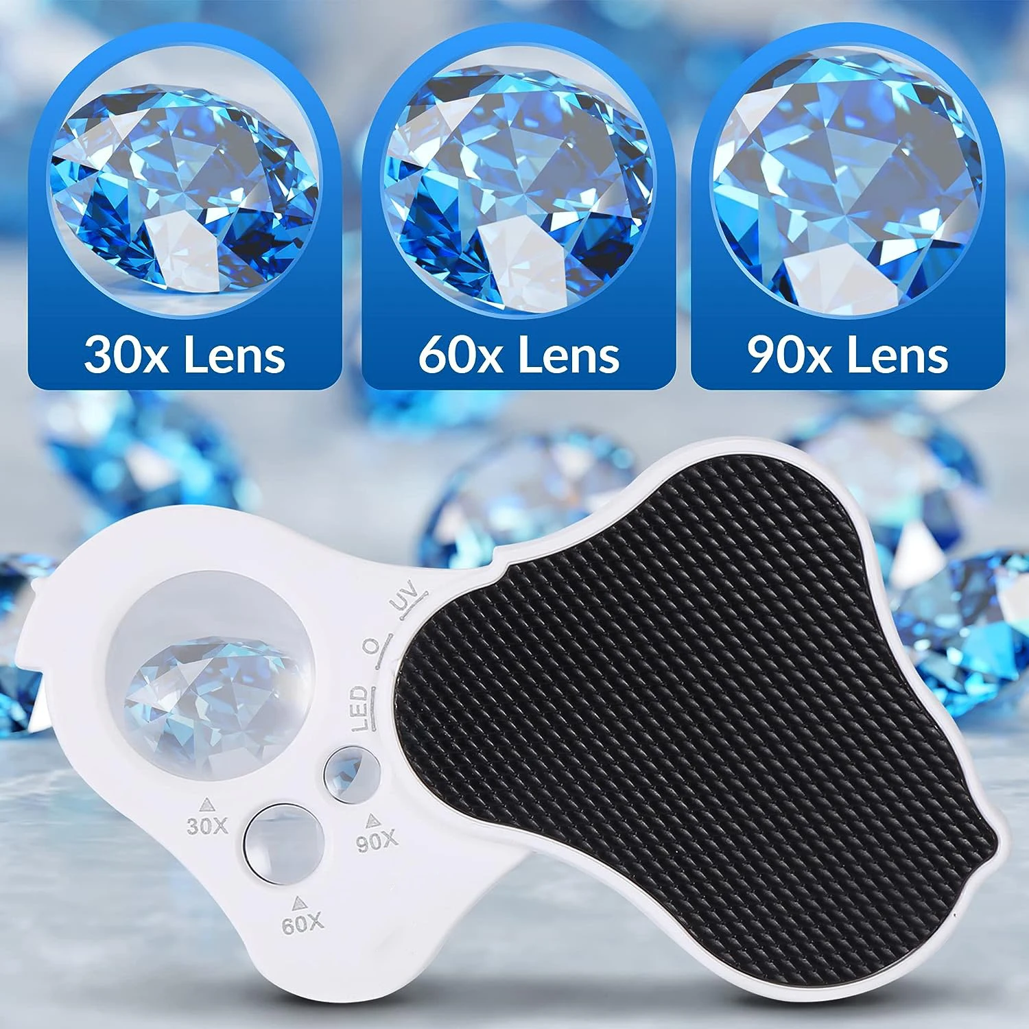 Jewelry Magnifier Illuminated Loupe 30X 60X 90X Fold Diamond With UV LED Lights