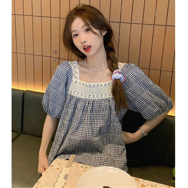 유행 여름 임신 셔츠 한국어 격자 무늬 인형 탑 반팔 티셔츠 투피스 세트 세련된 여성 의류