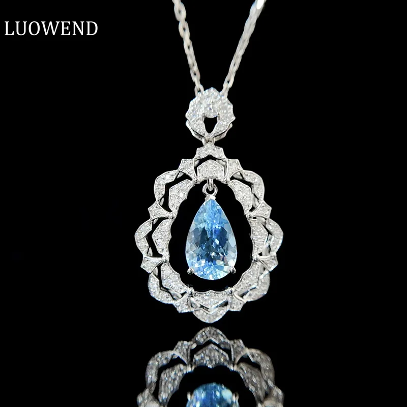 

LUOWEND 18K White Gold Necklace Shiny Design Natural Aquamarine Real Diamond Luxury Gemstone Necklace for Women Senior Banquet