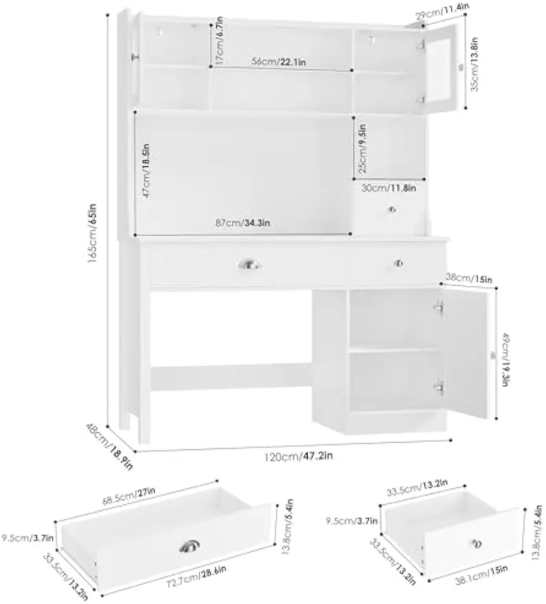 Computer Desk with Hutch, White Desk with Drawers and Power Outlet, Study Desk, Writing Desk with 3 Doors and 3 Drawers, Combina 2