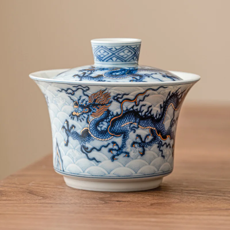 Metal Inlay Blue and White Chinese Dragon Gaiwan Single Ceramic Kungfu Tea Set Tea Making Bowl Tureen