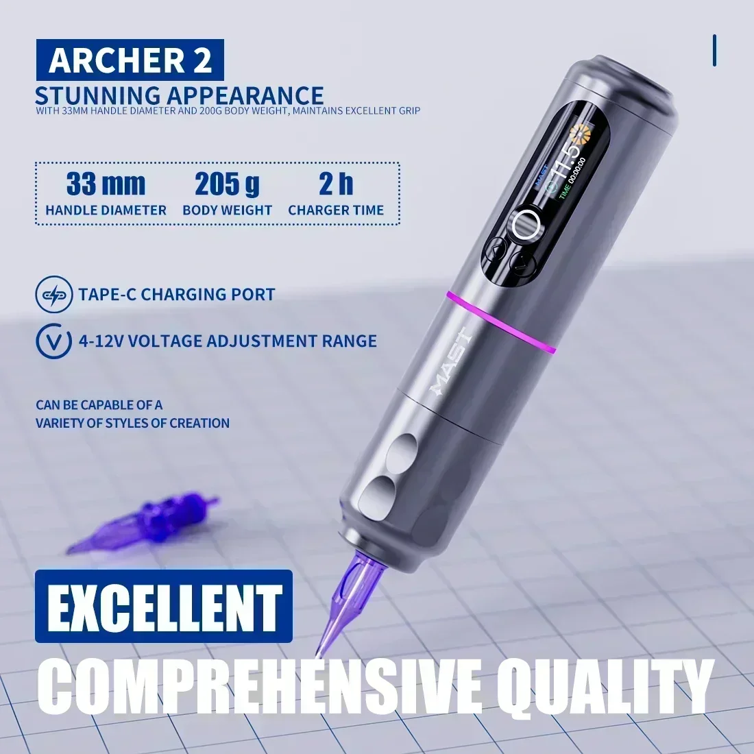 Mast Archer 2 Brushless Motor Wireless Tattoo Machine 2000mAh Battery HD Color Screen with Wireless Pedal Storage Bag Tattoo Pen