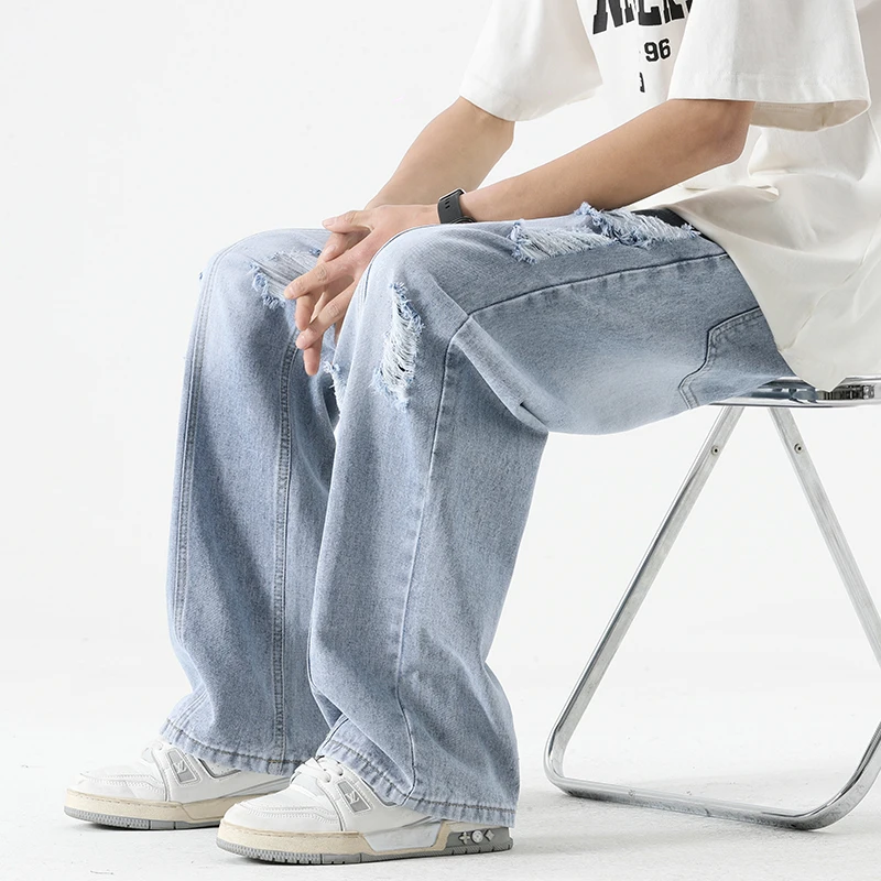 

Men's Summer Ripped Jeans Loose Straight Leg Retro Men Draw Rope Port Fashion Brand All-match Casual Pants