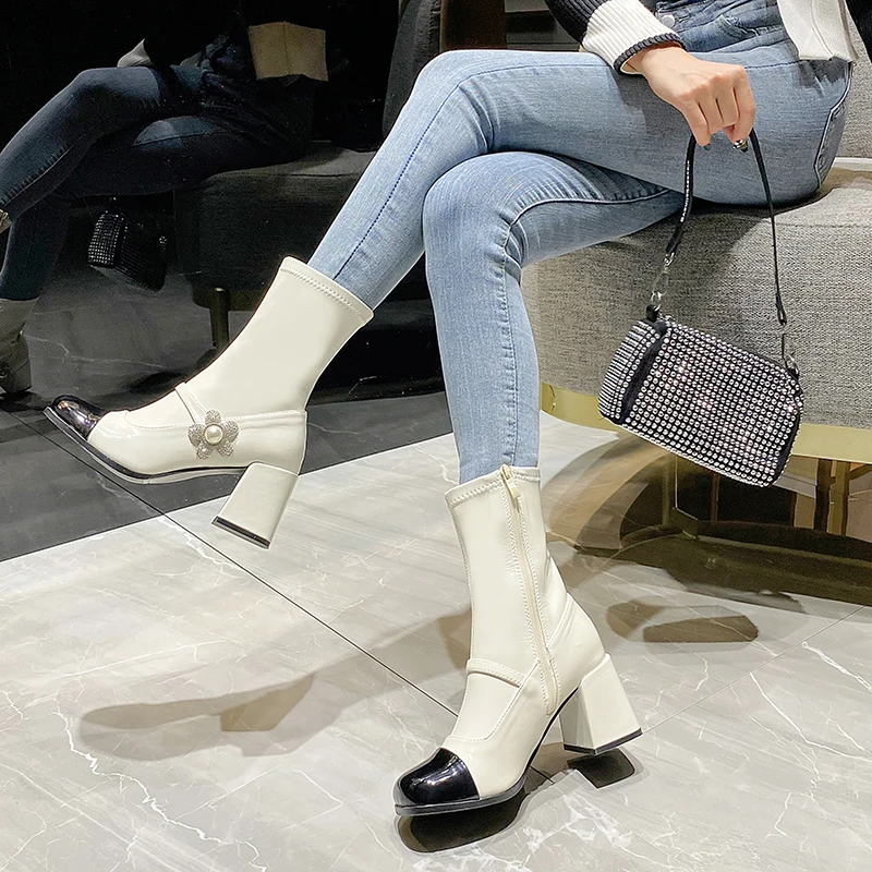 

Round Toe Colorblock Stretch Boots Patent Leather Chunky Heel Ankle Botines Side Zip High Heel Short Botas Femininas Women Shoes