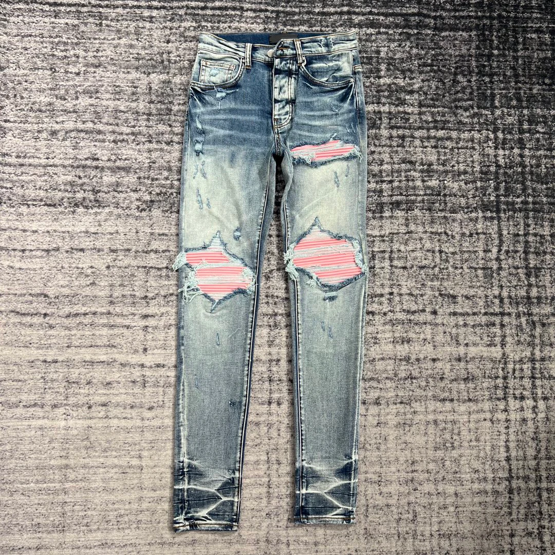 

High Street Fashion Blue Jeans Ripped Pink Leather Patch Design Slim Fit Jeans Men